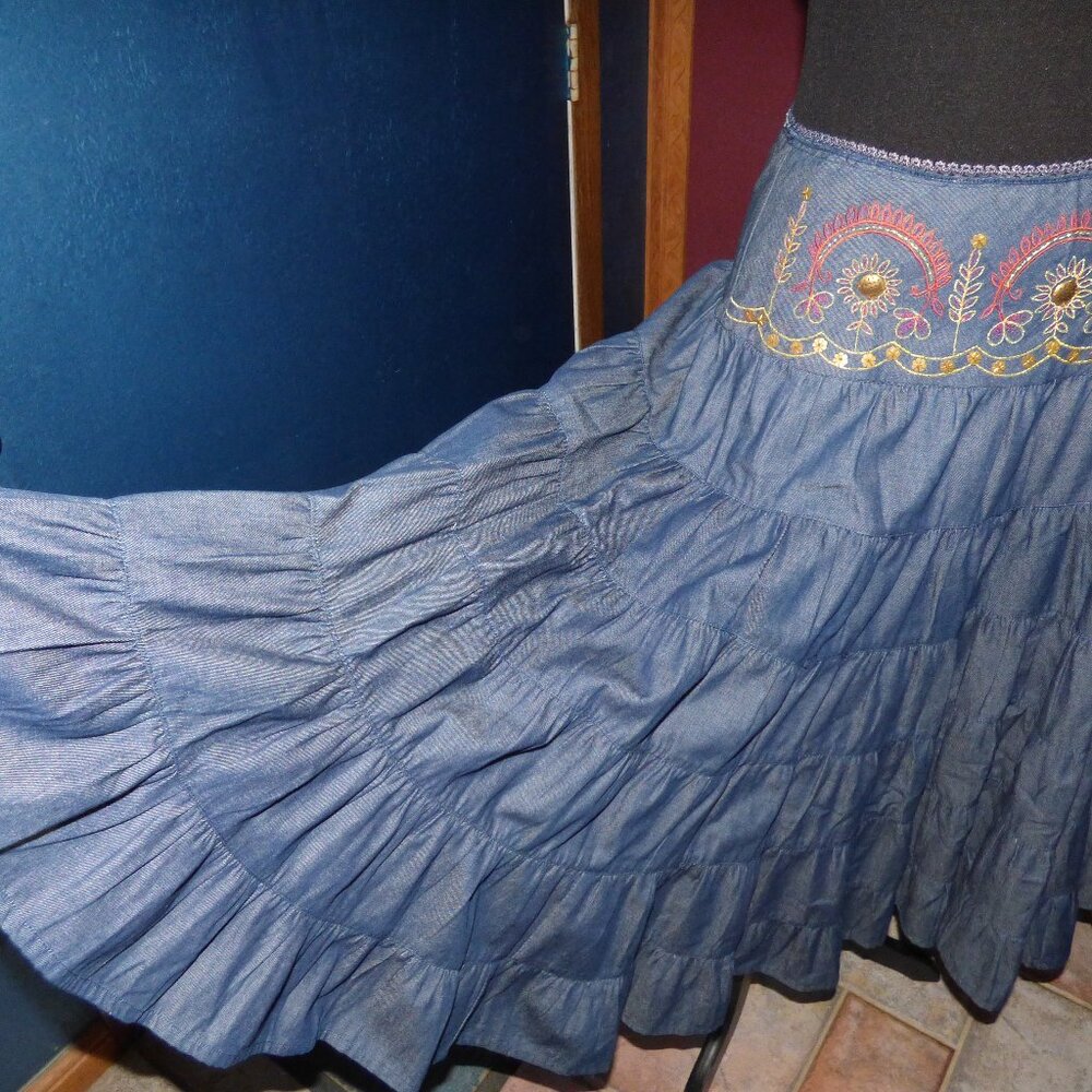 QUIRKY GOTH BOHO FAIRY TIERED EMBROIDERED METAL BEADS TIERED FULL MIDI SKIRT L